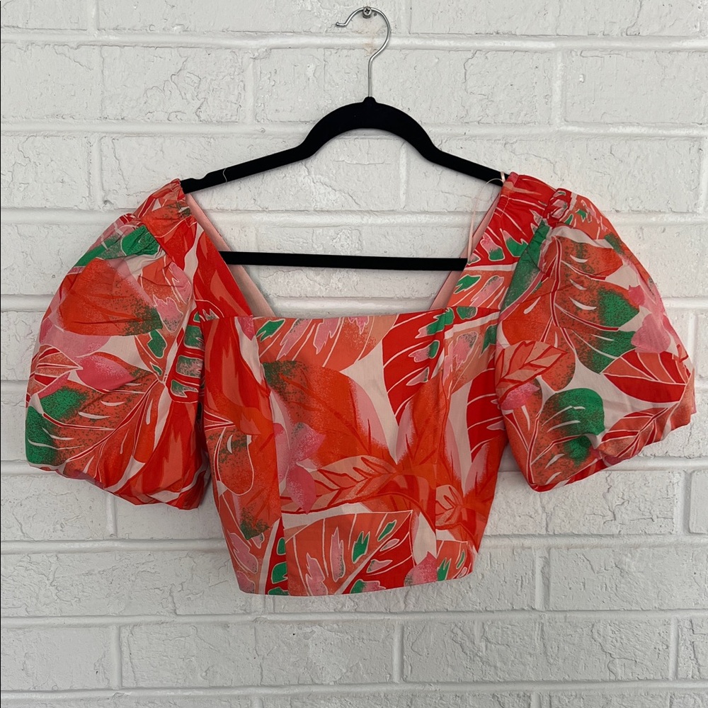 Giani Bernini Orange and Green Floral Puff Sleeve Blouse Size Small